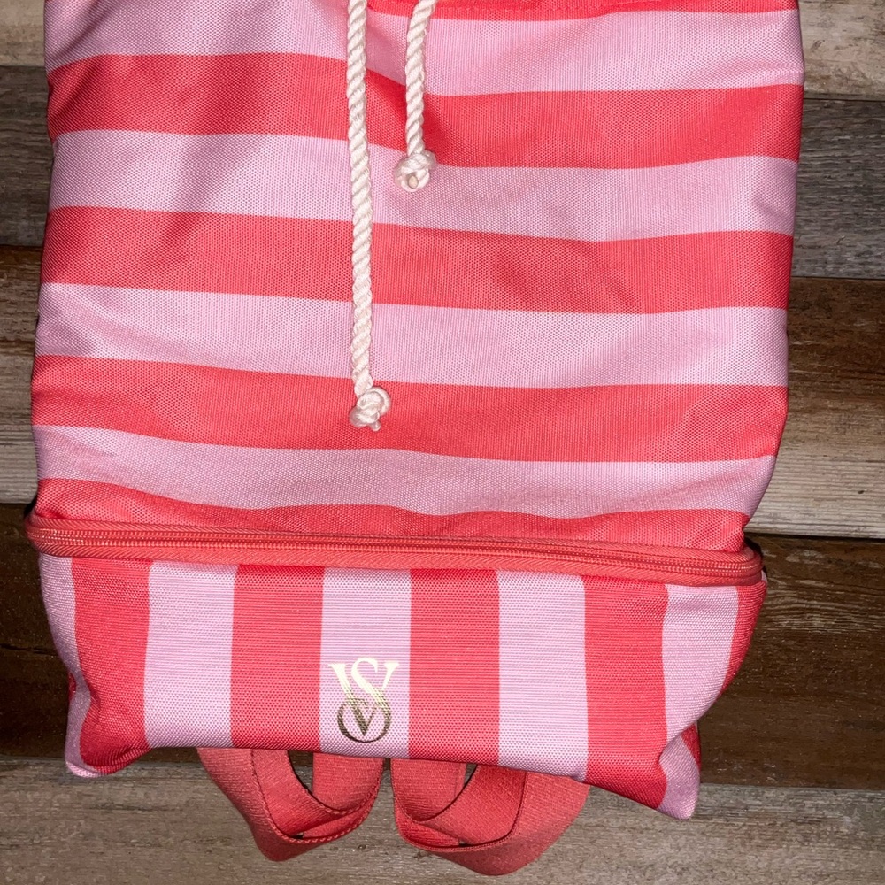 Victoria’s Secret Striped Drawstring Backpack with Logo And Cooler Pocket